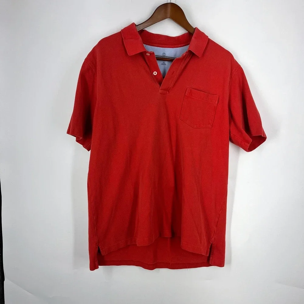 Lands End Mens Red Pique Cotton Short Sleeve Polo Shirt with Pocket Size L 42-44